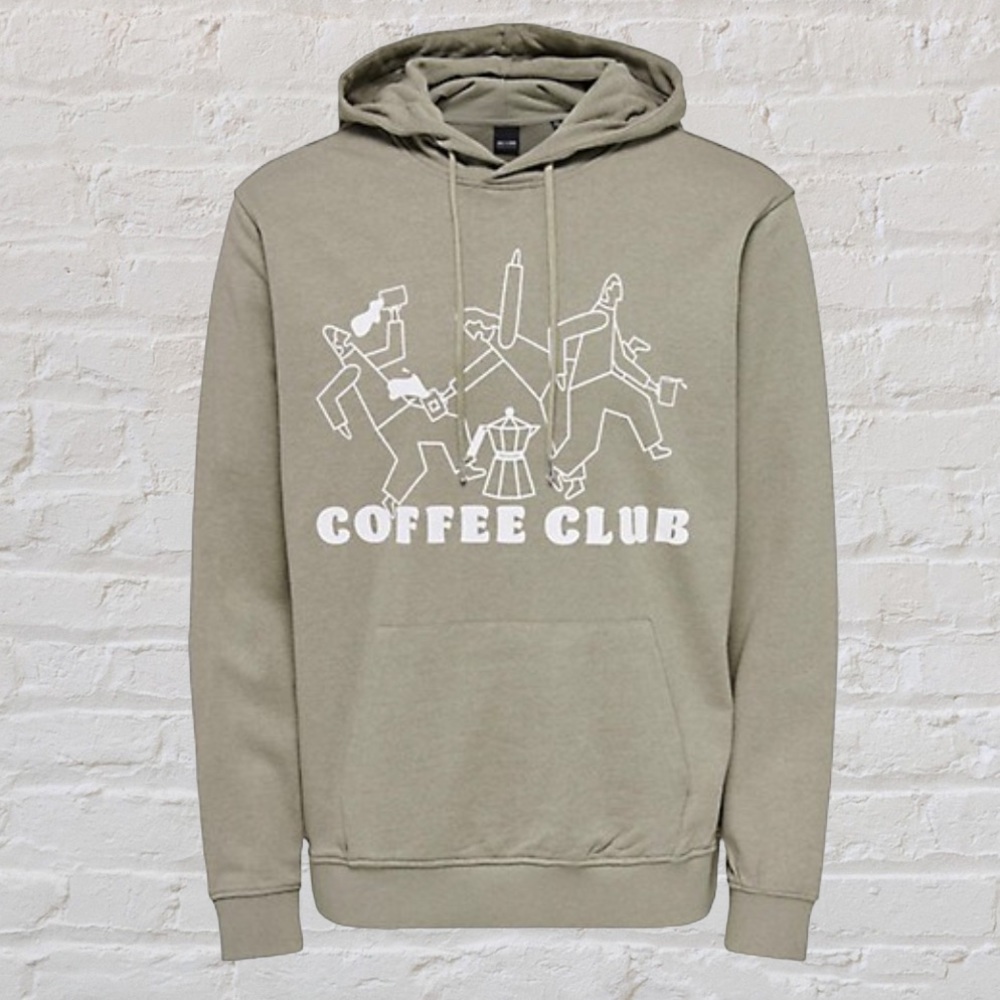 Only & Sons San Coffee Club Print Draw String Hoodie, plant conscious material